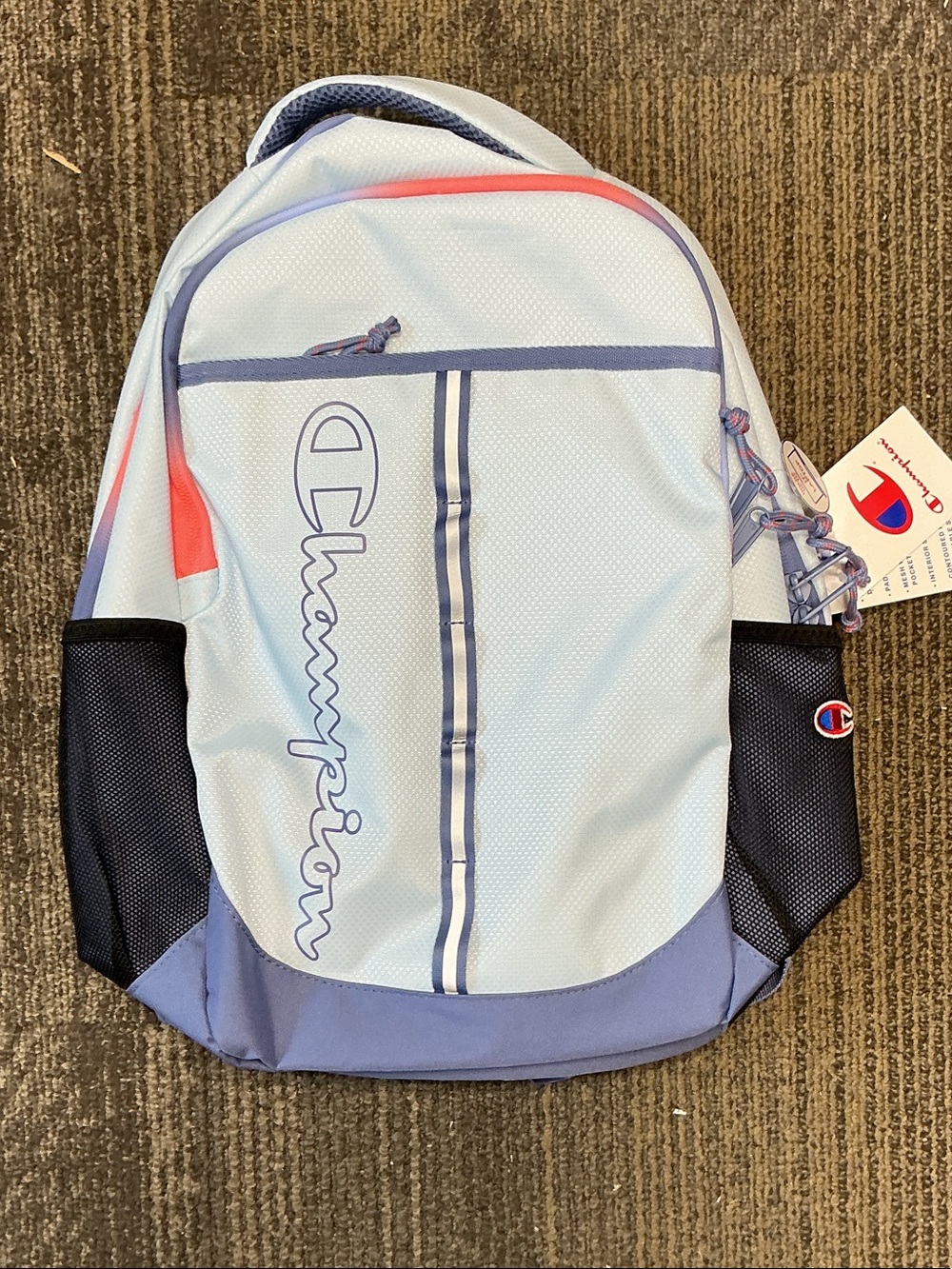Champion Light Blue and Navy Logo Backpack with Coral Accent